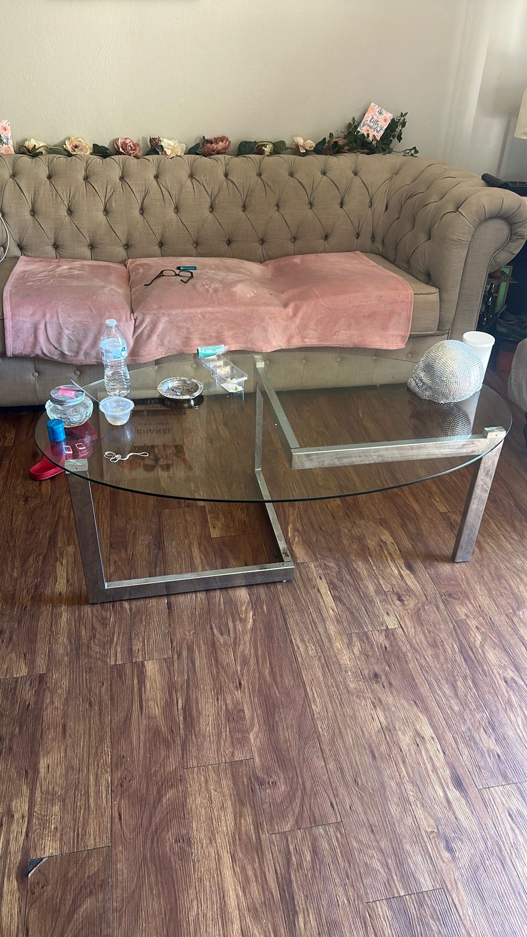 Large glass coffee table + 3 tier corner glass shelf stand