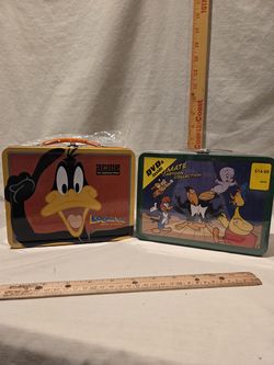 Vintage-nostalgic cartoon metal lunch boxes, lot of two