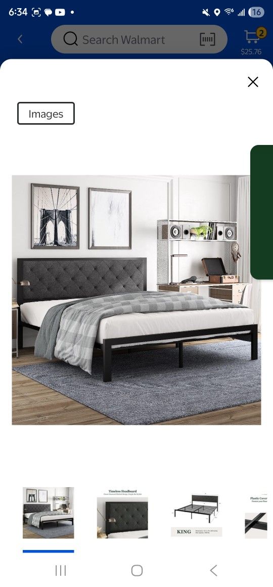 Amolife King Size Metal Bed Frame with Upholstered Headboard, Dark Grey