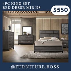 4pc King. Bedroom Set - Bed + Dresser + Mirror + Nightstand $550