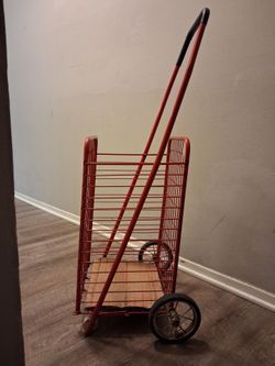 Red Wire Basket Shopping Cart on Wheels