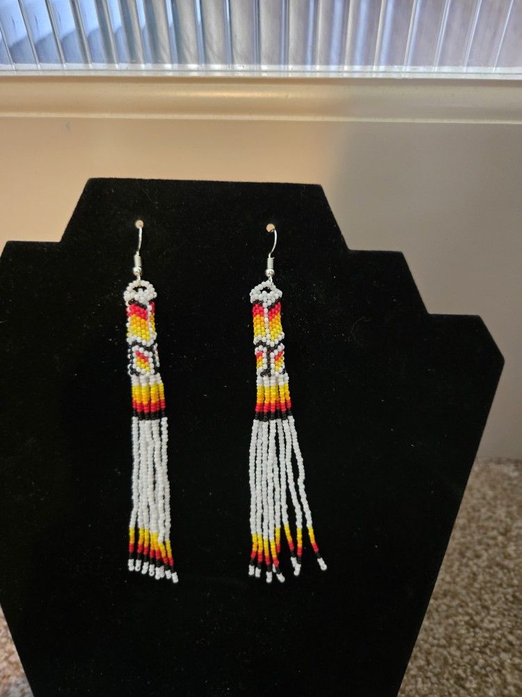 Handmade Beaded Silver/white Extra Long Natve Earrings