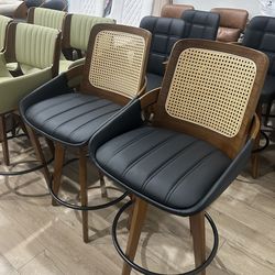 Set of 2 Mid Century Modern Counter Stools - 26.4 inch Rattan Swivel Counter Stools with Cane Back, Upholstered Faux Leather, Walnut Craftsmanship, bl