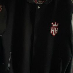 Jeff Hamilton Black LEATHER SLEEVE VARSITY Jacket HH