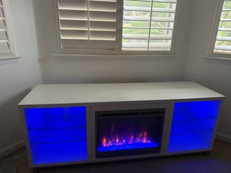White TV Stand with Electric Fireplace and LED Shelves