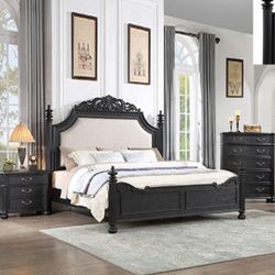 4pc Bedroom Set - Black King Size Bed + Dresser + Mirror + 1 Nightstand