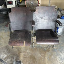 Antique Vintage Wooden Cast Iron movie theater Cinema Bench chairs, art deco 