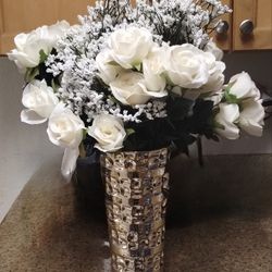 Fake White Roses With 12 Inch Gold Vase