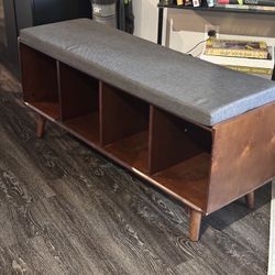 Walnut Entryway Storage Bench w/ Cushion – Mid-Century Style