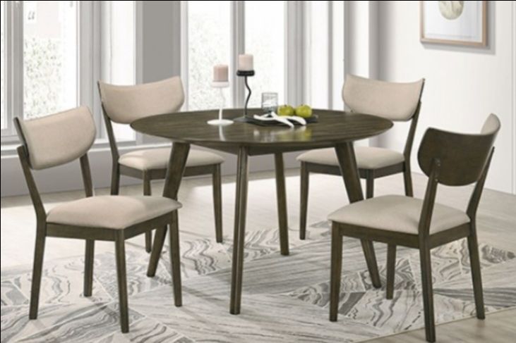 Brand New Dark Walnut & Beige Mid-Century Style 5pc Dining Table Set