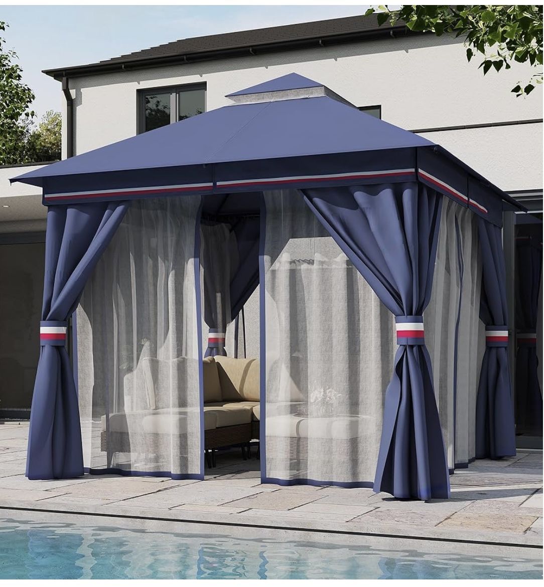 Red White And Blue Gazebo With Outdoor Furniture