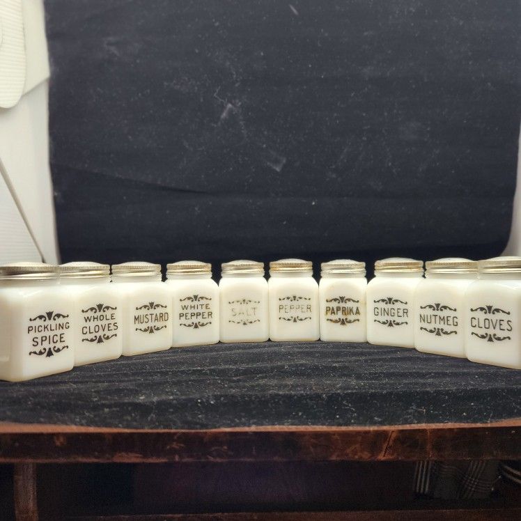 Vintage Milk Glass Labeled Shakers