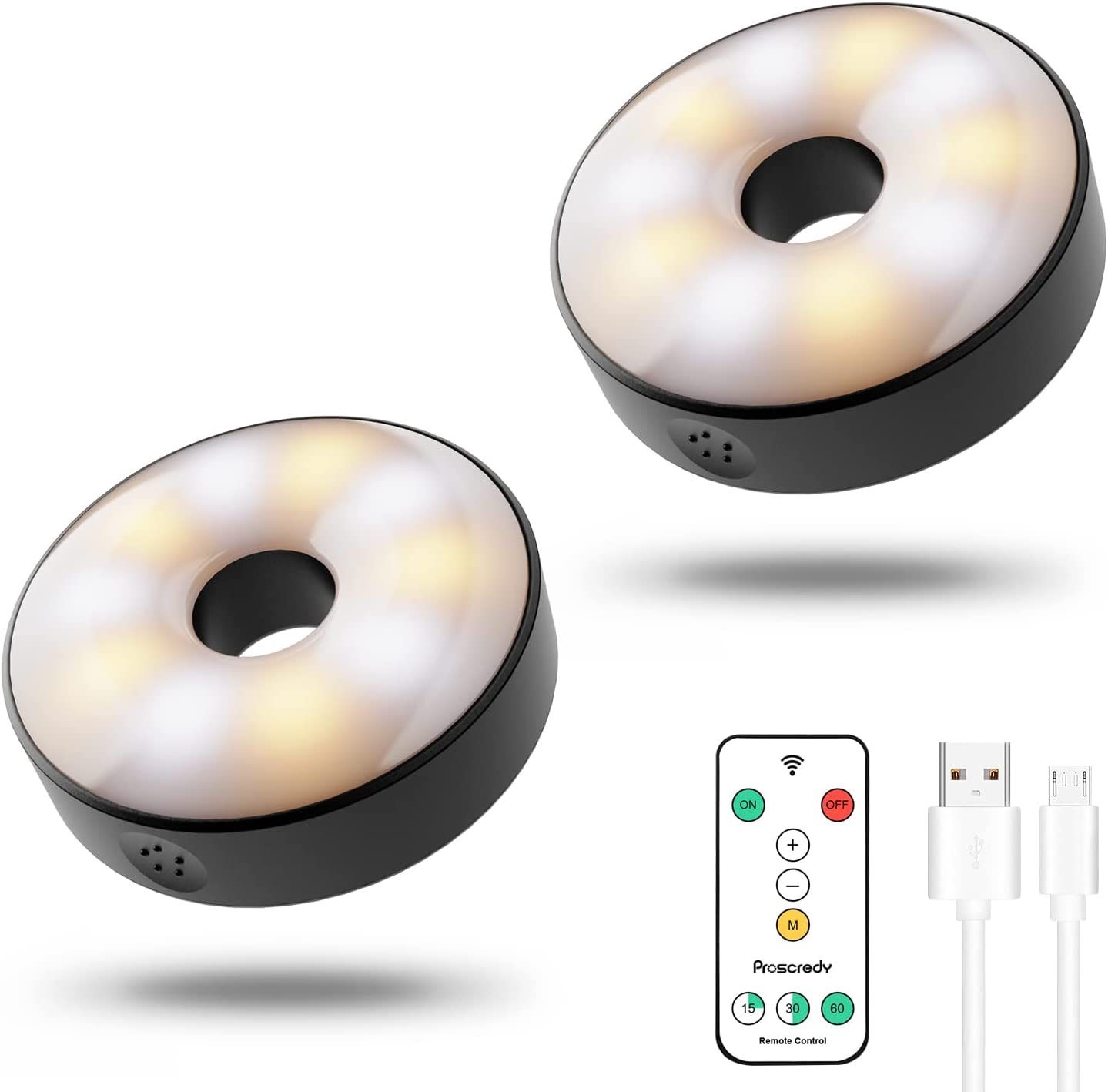 Rechargeable Puck Lights with Remote, Proscredy USB Under Counter Lights, LED Wireless Push Lights Battery Operated, Black Donut Cabinet Light, Dimmab