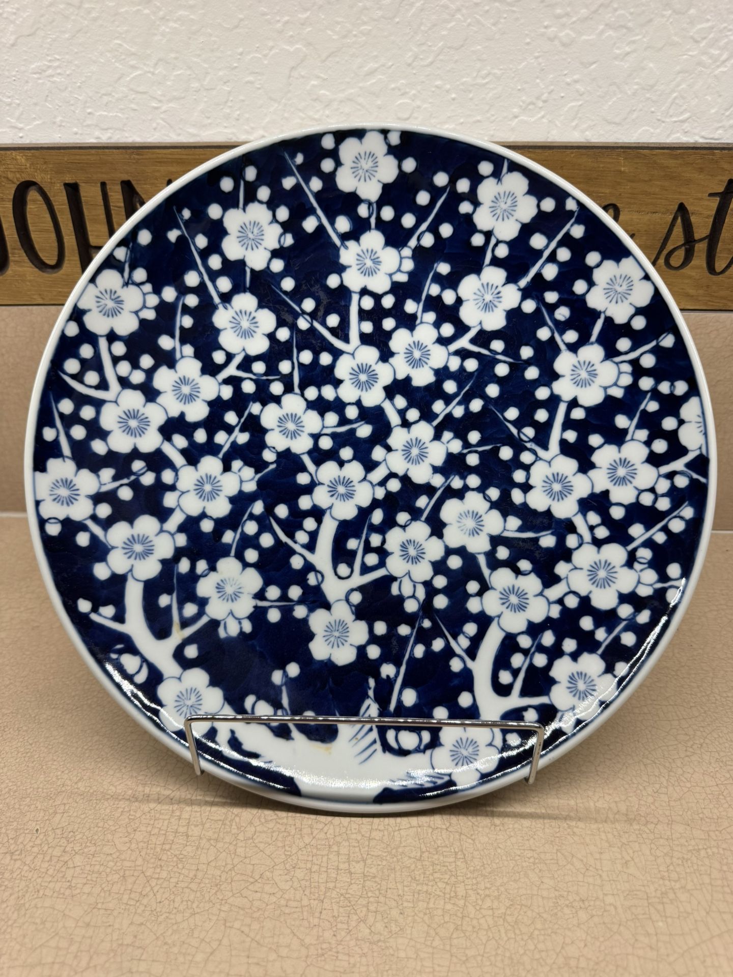 Blue white porcelain ceramic plate dish Japanes tree flower cherry blossom large