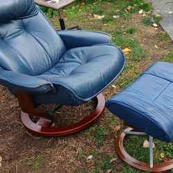Blue Leather Recliner And Ottoman Footstool Ekornes Style Lounge Chair