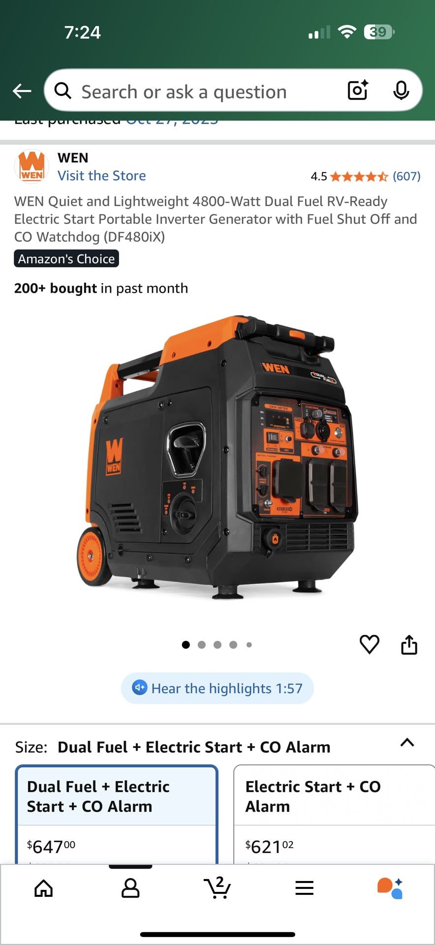 Dual Fuel Wen Inventor Generator 4800-Watt , Never Used 