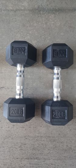 (2)-20lb Pound Rubber Covered Hexagon Dumbbells Weights
