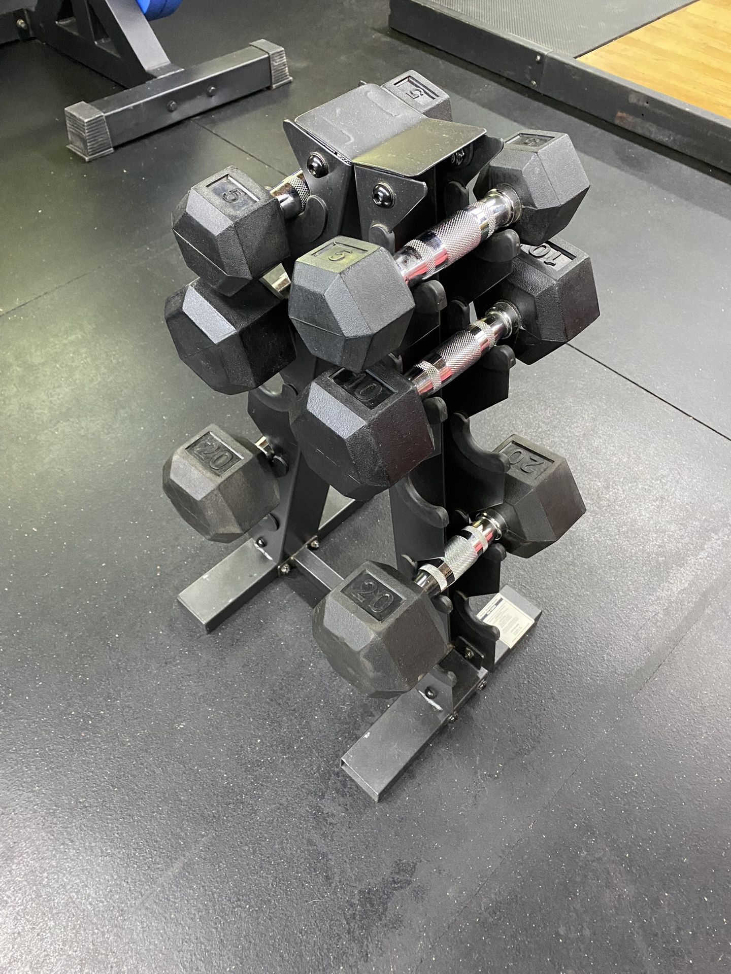 [Pickup pending] 5 Lb, 10 Lb, & 20 Lb Dumbbell Sets With A-frame Dumbbell Rack - Rubber Hex By CAP Barbell