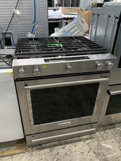 Kitchen aid 30” slide in gas range in stainless steel open box