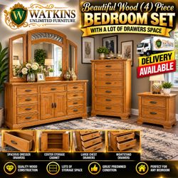 🛏️ BEAUTIFUL 4-PIECE LARGE WOOD BEDROOM SET – LOTS OF STORAGE SPACE! 🛏️