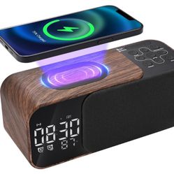 Ewaise Alarm Clock with Bluetooth Speaker, 12 Soothing Songs Wood Color Clock Radio with Wireless Charger, Dimmable LED Alarm Clock, Snooze, FM, AUX,