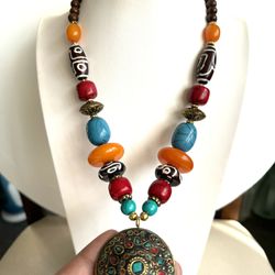 Vintage Tibetan handmade necklace with pendant inlaid with coral and turquoise 23”inch