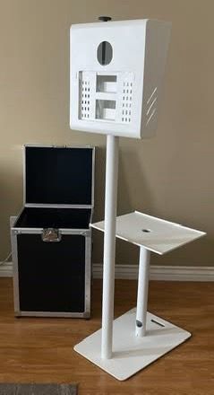 T11 2.0 Photo Booth Shell with Printer Stand, Pole-Type Pedestal, White + Travel Road Case