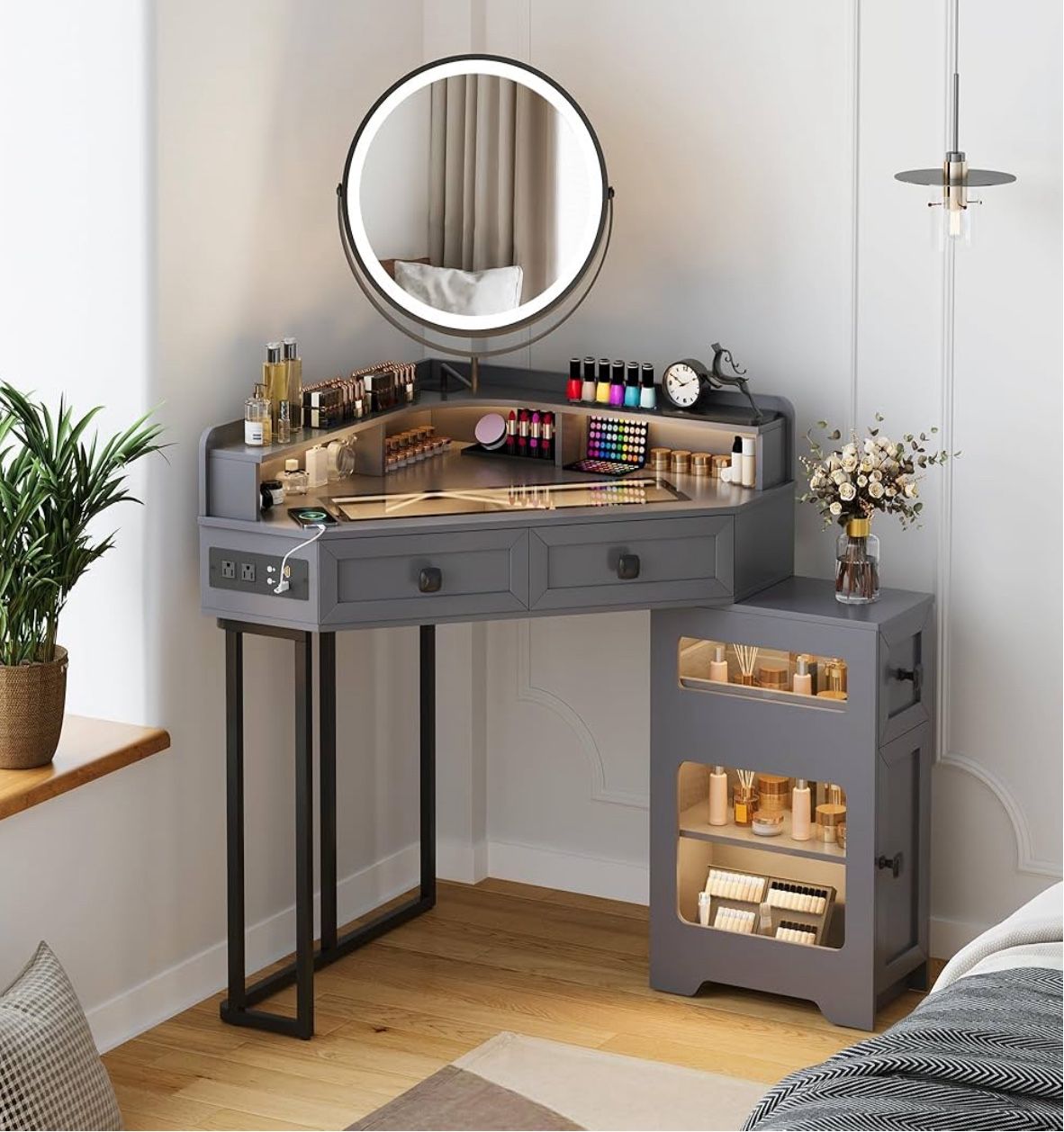 Corner Vanity Desk with Mirror and Lights