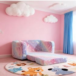 23.6 Inch Mini Sofa Bed for Kids，Convertible Sleeper Sofa Couch for Boys,Girls, 2-in-1 Flip Foam Bed with Side Pocket for Playroom, Living Room, Bedro