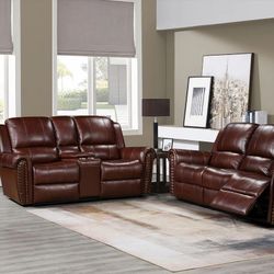 2  PIECE LIVING ROOM SET: POWER RECLINING SOFA & STATIONARY LOVESEAT - TOP GRAIN LEATHER