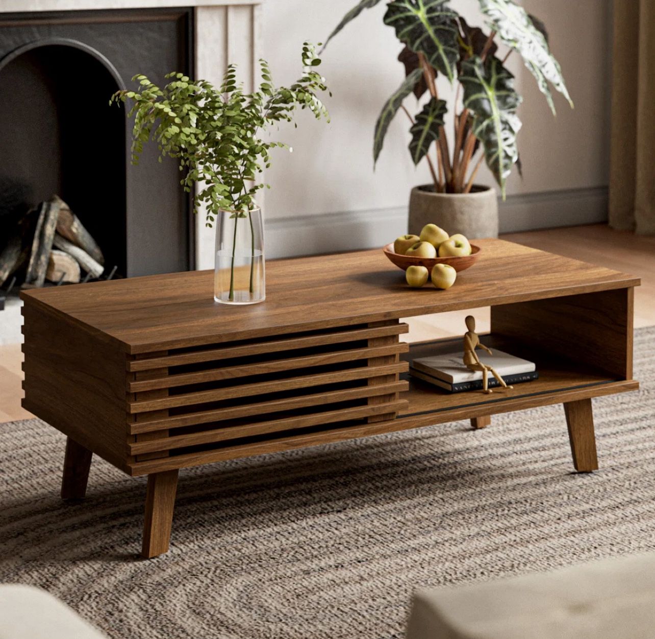 Coffee Table with Storage, Mid Century Modern with slatted Door