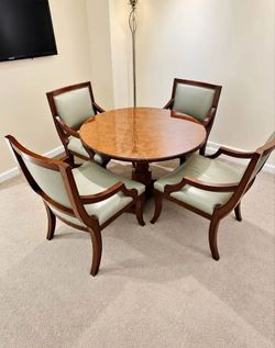 Nancy Corzine (after) Burl Wood 42" Dining Table and 4 Leather Upholstered Chairs