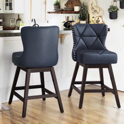 2X Navy Blue 26” Swivel Faux Leather Barstools 