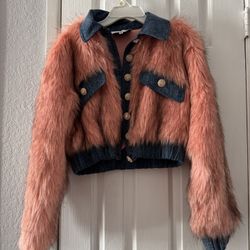 Denim And Pink Fake Fur Short Jacket 