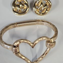 hammered gold-tone open heart hinged bangle. and beautiful earrings