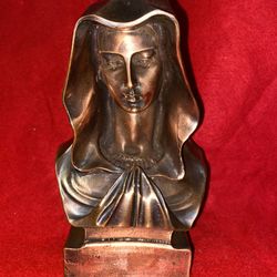 Vintage 7 Inch x 3.25 Inch Copper Plated Alabaster Virgin Mary Statue Imported From Greece