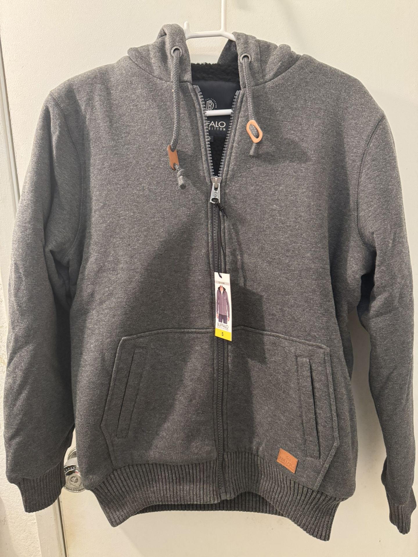 BRAND NEW WITH TAGS NEVER WORN Gray Grey Buffalo David Bitton Fleece Lined Zip Up Hoodie Size S Small