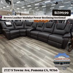 Brown Leather Modular Power Reclining Sectional 