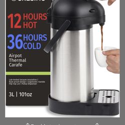 Airpot Coffee Dispenser With Pump & Tray - 101oz/3L Coffee Carafe With Pump - 12 Hours Hot Drink Dispenser For Parties - Stainless Steel Thermal Caraf