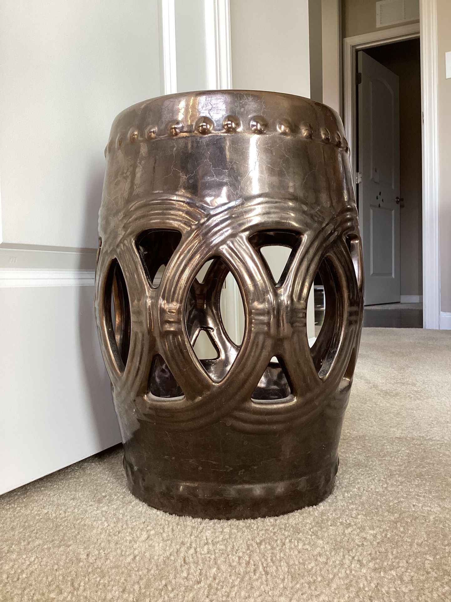 Bronze Metallic Double Coin Design Chinese Porcelain Garden Stool 16”T x 10”round (SEE ALL PHOTOS!)