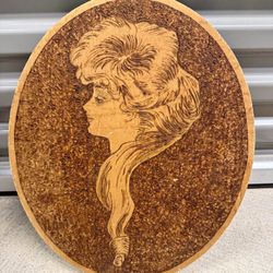 Signed Art Nouveau Gibson Girl pyrography wood plaque by Mrs. D. Errett.