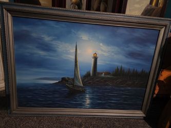 Large Framed Lighthouse Seascape Oil Painting