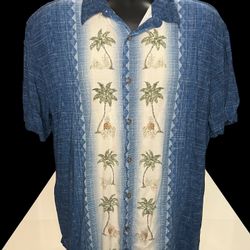 Island Shores Palm Tree Hawaiian Men”s Shirt XL Blue Rayon Tropical Aloha Vacation