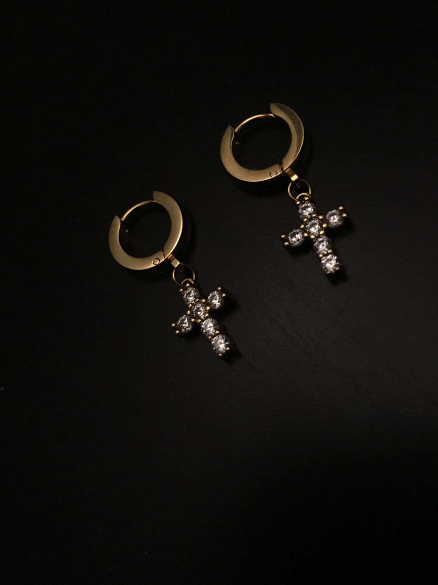Earrings (gold hoop, diamond cross)
