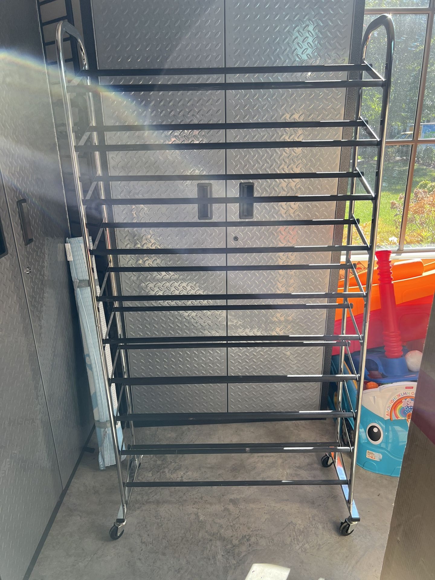 Chrome Metal 10-Tier Rolling Shoe Rack Container Store
