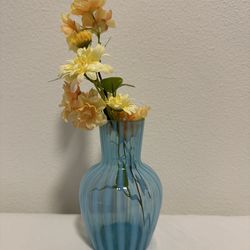 Vintage Blue Art Glass Vase Ribbed Swirl Design Hand Blown Style Decorative
