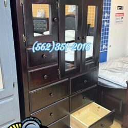 Cherry Tall Wardrobe Closet With Mirror 