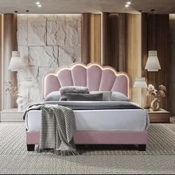 New Upholstered Fabric Clam Shape Headboard With LED Lights.  Free Delivery!