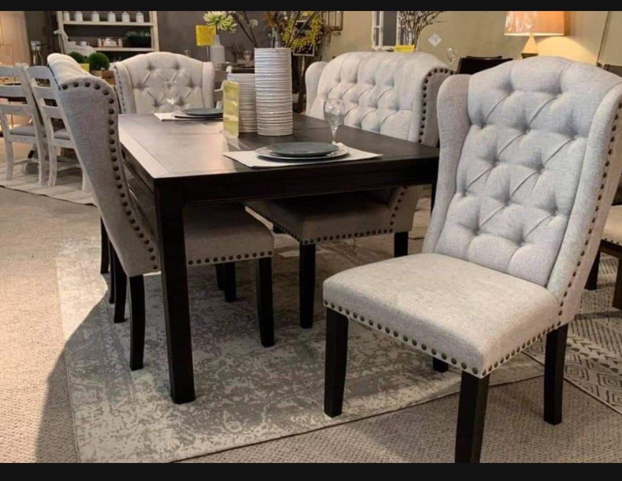 Linen Tufted Chairs, Bench And Black Dining Table 🤩 Dining Room/ Kitchen✅ Brand New👍