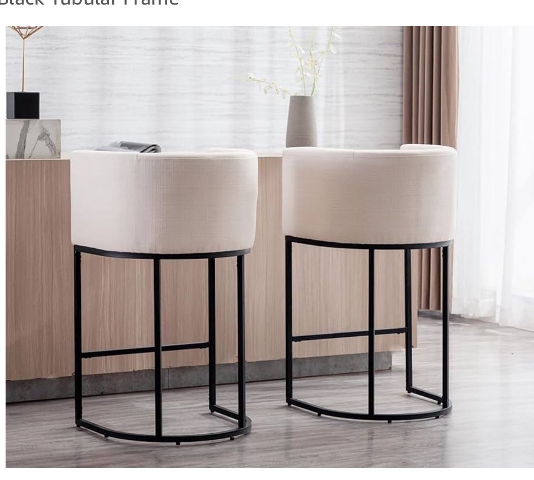 Modern Counter Height Linen Fabric Cream Upholstered Counter Stools Set of 2, 29 Inch Kitchen Island Stool with Black Tubular Frame